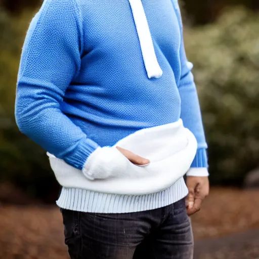 Prompt: man wearing a blue sweater and a white sash