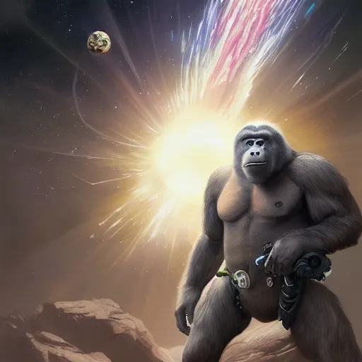 Image similar to detailed science - fiction character portrait of a silverback gorilla shooting a alien gun in space, intricate, wild, highly detailed, digital painting, artstation, concept art, smooth, sharp focus, illustration, art by artgerm and greg rutkowski and alphonse mucha