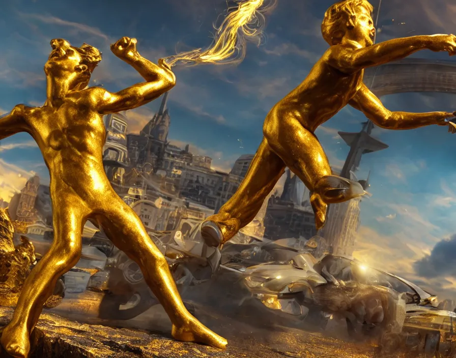 Image similar to golden statue of kid with giant first hitting a supercar, beautiful texture, beautiful graphics, fantasy artwork, very beautiful scenery, hd, hdr, ue 5, ue 6, unreal engine 5, cinematic 4 k wallpaper, 8 k, ultra detailed