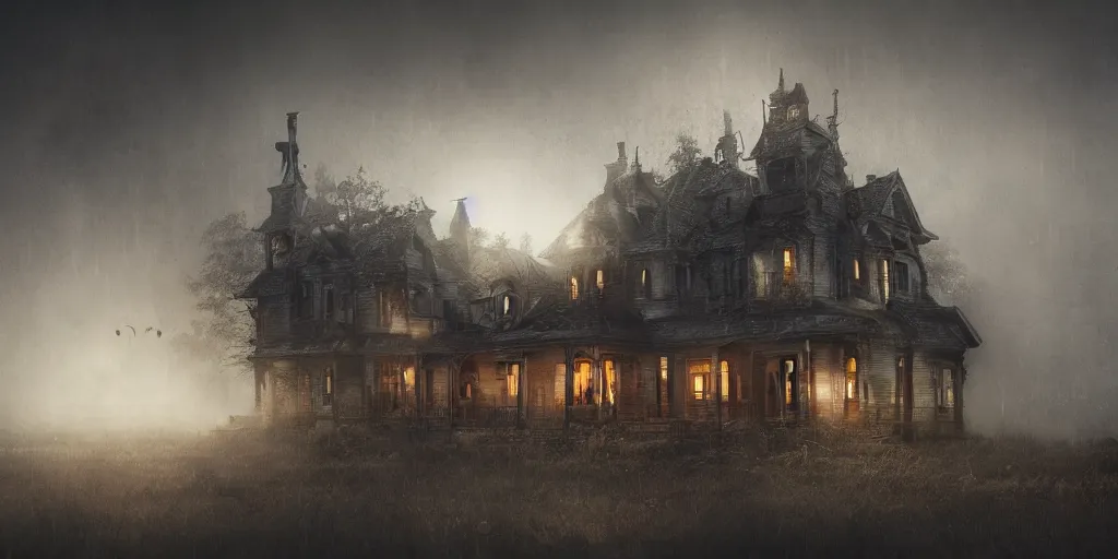 Prompt: creepy view of haunted house with many attractions, fog, rain, volumetric lighting, beautiful, golden hour, sharp focus, highly detailed, cgsociety