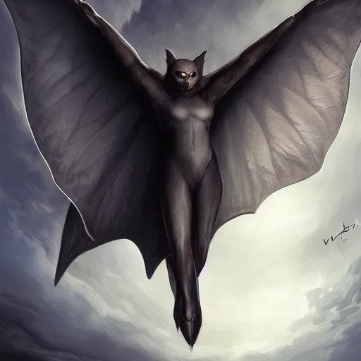 Image similar to manbat with huge wings flies, moonlit night, fantasy, professionally retouched, soft lighting, powerful, realistic, face is obscured in shadow, wide angle, 8 k high definition, insanely detailed, intricate, elegant, art by artgerm and wlop