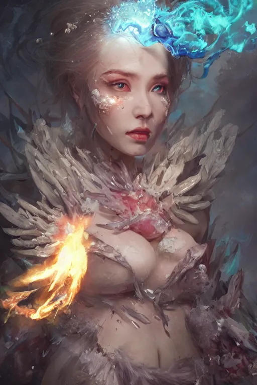 Image similar to beautiful girl necromancer, witch - doctor covered with ice exploding into flowers, angels, 3 d render, hyper realistic detailed portrait, holding fire and electricity, ruan jia, wlop. scifi, fantasy, magic the gathering, hyper detailed, octane render, concept art, peter mohrbacher