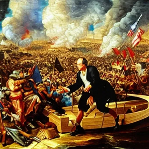 Image similar to George H.W. Bush destroys Iraq, oil on canvas, 1642