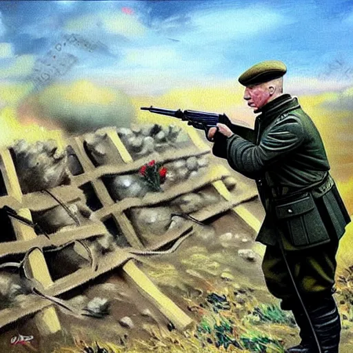 Image similar to Putin is sitting in the trenches and defending himself from Ukrainian troops, Retro futuristic painting style