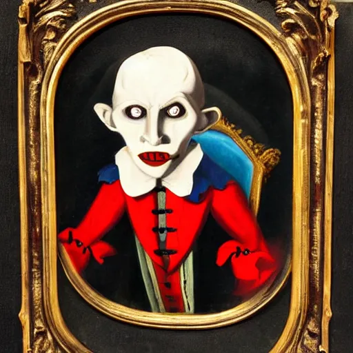 Prompt: a vampire sitting on a throne in his castle during the american revolution. he is surrounded by fine art and is wearing a bright clown emoji mask. finely detailed oil painting by john and ai