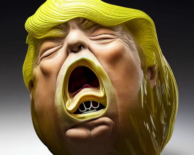 Prompt: a massive porcelain sculpture of a surreal distorted donald trump vomiting jelly from the mouth on the ocean water, in the style of johnson tsang, grotesque sculpture, lucid dream series, cinematic, hyper - realistic, very detailed, realistic water splashes, ray tracing, 8 k resolution, long - shot, sharp focus, low angle, 8 5 mm photograph, wide lens