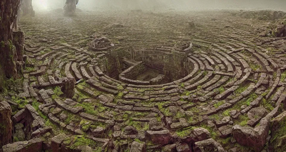 Prompt: ancient greek overgrown labyrinthwith an gigantic ancient altar in the center, by giger, stalenhag, beksinski, retro sci - fi movie, highly detailed, photorealistic, illustration, matte painting, 8 k, trending on artstation