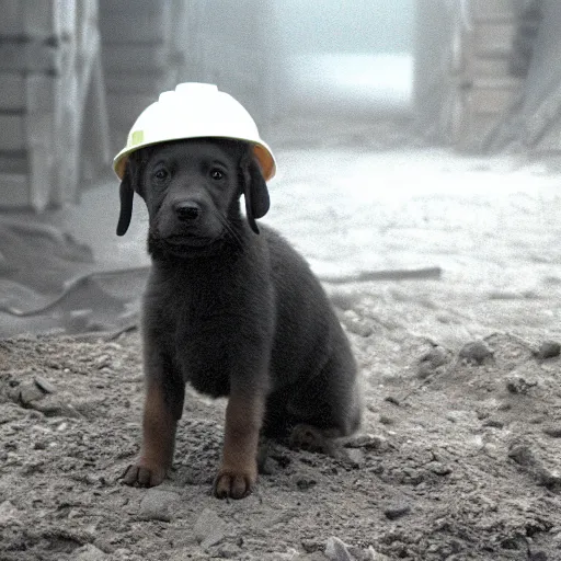 Prompt: puppy wearing hard hat in dusty foggy coal mine, photo from 1 9 9 8,