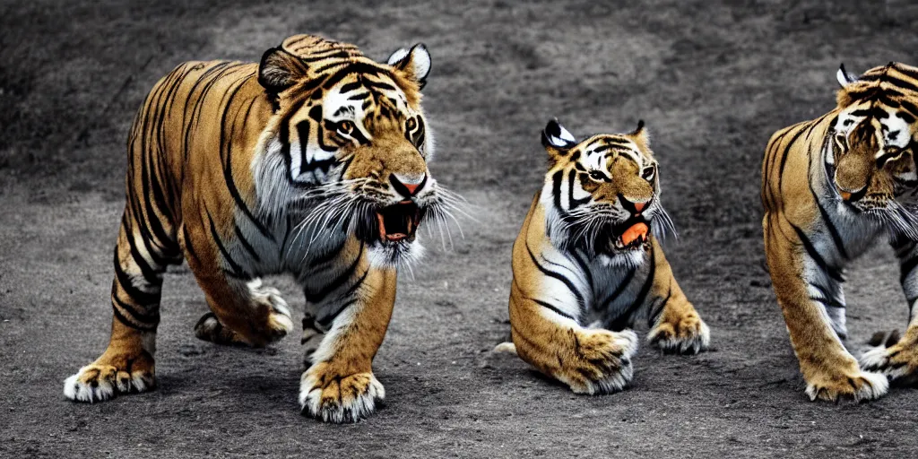 Prompt: a tiger and a man fighting, a lion approaches