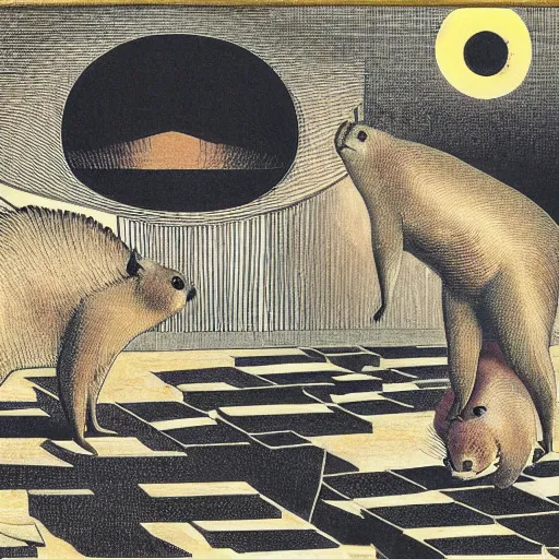 Image similar to capybara falling into a black hole by de Chirico, Giorgio