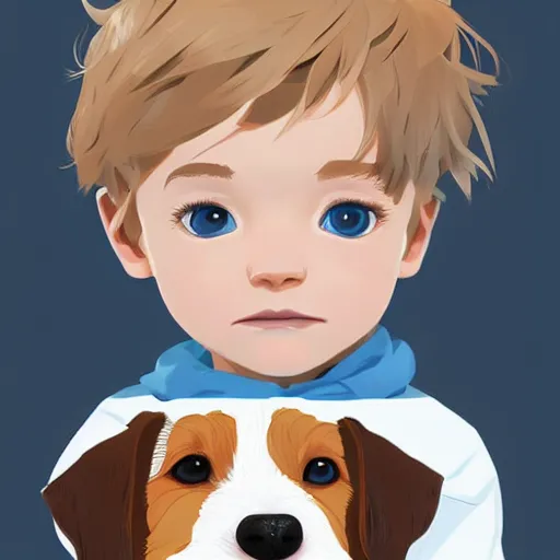 Prompt: cute little boy with short blonde hair with a wire haired jack russell terrier puppy, white with brown patches over both eyes. detailed. blue background. clean cel shaded vector art by lois van baarle, artgerm, helen huang, by makoto shinkai and ilya kuvshinov, rossdraws, illustration, art by ilya kuvshinov