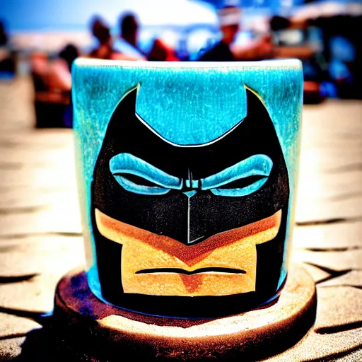 Image similar to a closeup photorealistic photograph of a batman style tiki mug sitting at a trader vic's beach bar featuring batman's face. tiki theme. tiki party. bright scene. fine detail. this 4 k hd image is trending on artstation, featured on behance, well - rendered, extra crisp, features intricate detail, epic composition and the style of unreal engine.