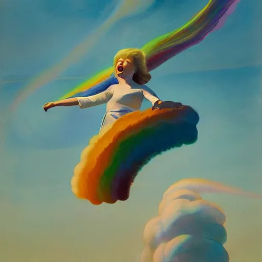 Prompt: Giant iridescent Grandma flying through the air, as a tornado approaches, by Takashi Murakami, Edward Hopper, Bo Bartlett, and Cynthia Sheppard, Artstation