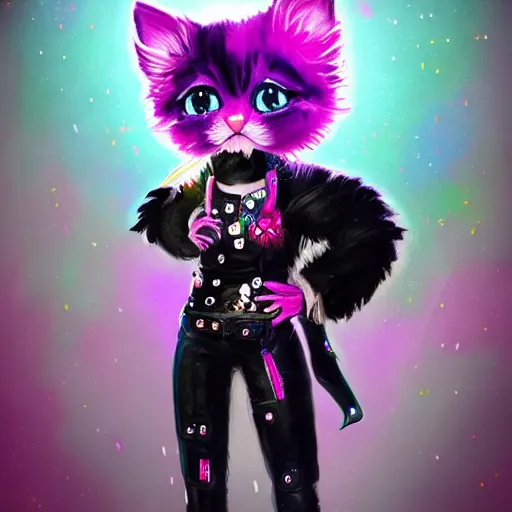 Image similar to wide angle full body, jacket wearing fluffy cute rainbow kitten wearing a black leather motorcycle jacket, cinematic concept art