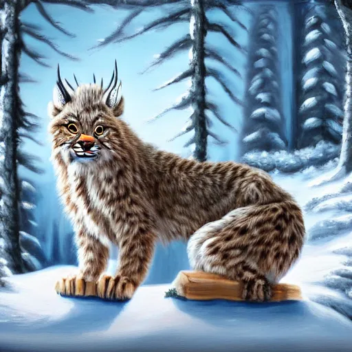 Prompt: cute fluffy lynx sitting in snowy winter landscape detailed painting 4 k