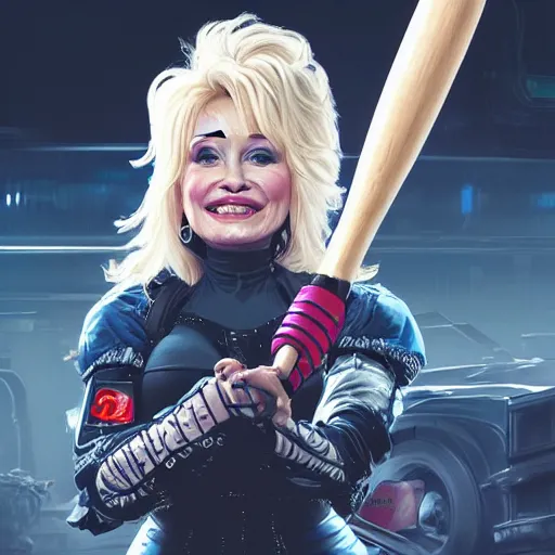 Image similar to closeup of Dolly Parton holding a baseball bat, cyberpunk 2077, intricate, elegant, highly detailed, digital painting, artstation, concept art, matte, sharp focus, illustration, hearthstone, art by Artgerm and Greg Rutkowski and Alphonse Mucha