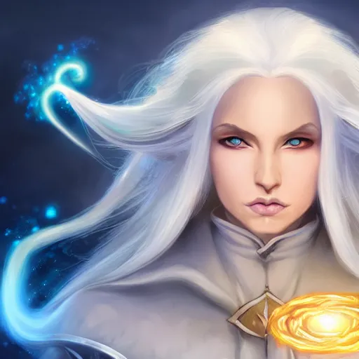 Image similar to Beautiful white haired aged fair skinned scholar elf with spell scroll and lightning background, full body, symmetrical, realism, digital painting, detailed artwork, portrait, mythical, artstation