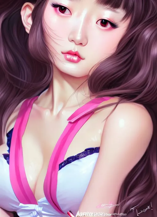 Prompt: glamorous and sexy japanese schoolgirl, beautiful, pearlescent skin, natural beauty, seductive eyes and face, elegant girl, lacivious pose, natural beauty, very detailed face, seductive lady, sexy push up bras, pale and coloured kimono, photorealism, summer vibrancy, cinematic, a portrait by artgerm, rossdraws, Norman Rockwell, magali villeneuve, Gil Elvgren, Alberto Vargas, Earl Moran, Enoch Bolles