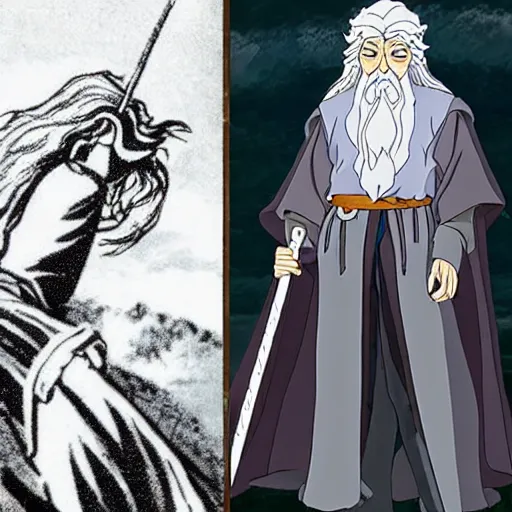 Image similar to gandalf from the anime lord of the rings (1986), holding a wooden staff, studio ghibli, very detailed, realistic