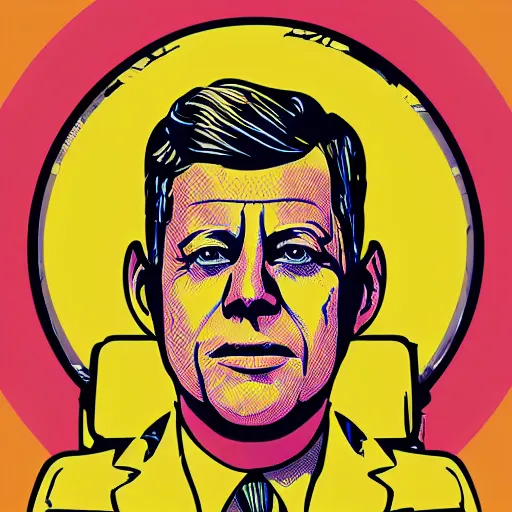 Image similar to individual jfk portrait fallout 7 6 retro futurist illustration art by beeple, sticker, colorful, illustration, highly detailed, simple, smooth and clean vector curves, no jagged lines, vector art, smooth andy warhol style