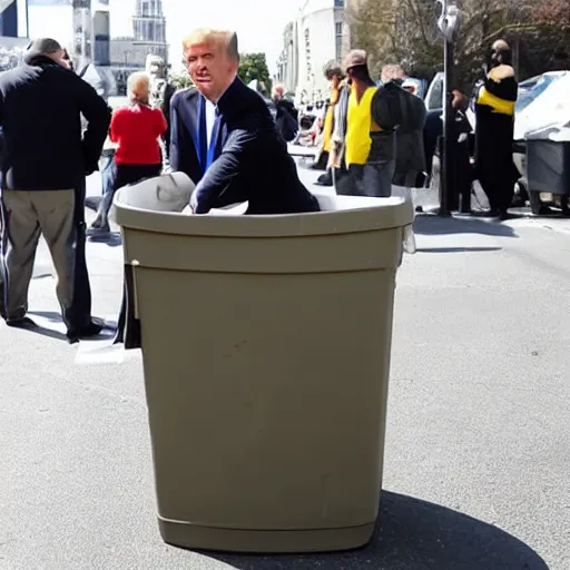 Image similar to trump hiding in a trash can, the lid slightly open