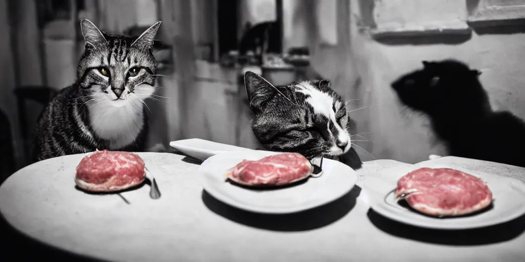 Image similar to photography of a cat eating mortadella at trullo house, photoreal, 3 5 mm, award winning photography