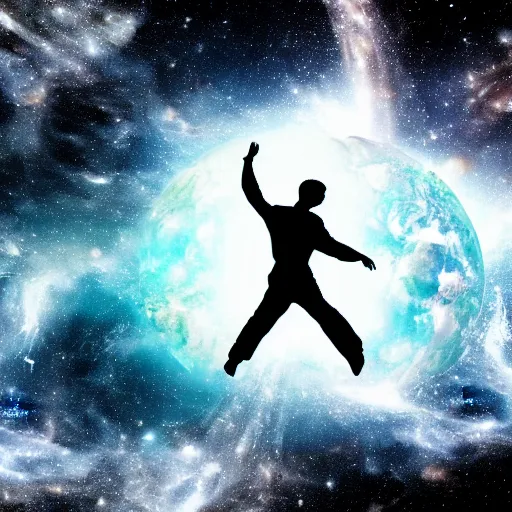 Image similar to 4K ultra HD detailed award-winning wallpaper of silhouette of man reaching his hand towards huge vast sky Earth universe