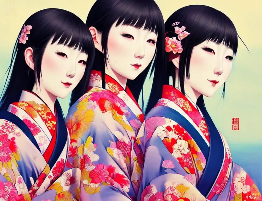 Image similar to two beautiful charming japan girls wear arty kimono in festival | | sunny night, full moon, dreamlike art, realistic shaded, smile, good looking, hyper details, 4 k realistic, cryengine, realistic shaded lighting poster by ilya kuvshinov, fuji choko, ross tran, 8 k resolution, trending on artstation, luxury