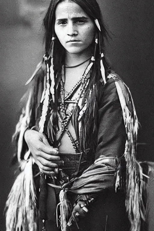 Image similar to “Photo of Native American indian woman Emma Watson, portrait, skilled warrior of the Chiricahua Apache, Lozen was the sister of Victorio a prominent Chief, showing pain and sadness on her face, ancient, realistic, detailed, emma watson”