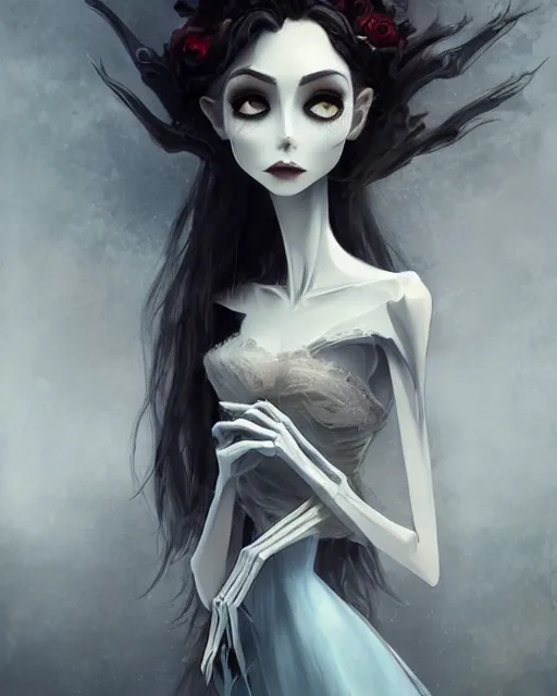 Image similar to elegant mysterious gracious undead victoria everglot from the corpse bride, portrait, illustration, the land of the death, skeletal hand, rim light, top light, summer clear blue sky, perfectly shaded, soft painting, art by krenz cushart and wenjun lin