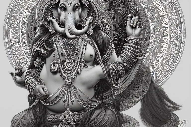 Image similar to rhodium ganesha, mandala, fantasy, intricate, elegant, highly detailed, digital painting, artstation, concept art, matte, sharp focus, illustration, art by artgerm and greg rutkowski and alphonse mucha