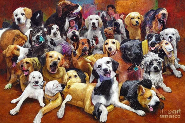 Image similar to dog moshpit, painting, dan whiz