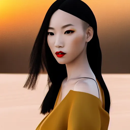 Image similar to innovative avant-garde art, deco fashion, asian women, highly detailed, photorealistic portrait, serene desert setting, golden hour, crisp quality and light reflections, unreal engine 5 quality render