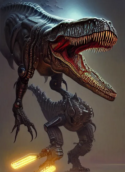 Prompt: a t - rex with a cybernetic armor, diffuse lighting, fantasy, intricate, elegant, highly detailed, lifelike, photorealistic, digital painting, artstation, illustration, concept art, smooth, sharp focus, art by john collier and albert aublet and krenz cushart and artem demura and alphonse mucha