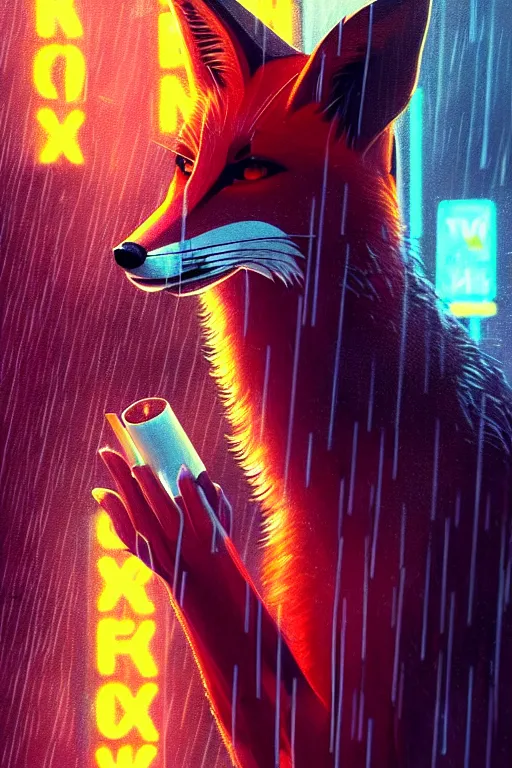 Image similar to beautiful portrait of an extremely tall female anthro fox, smoking a cigarette in the rain, towering over the crowds in a wet street of a city, cyberpunk, harsh neon lights, highly detailed, deep shadows, digital painting, shallow depth of field, illustration, art by sakimichan, artgerm