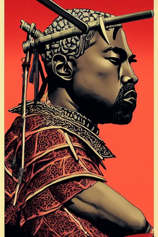 Image similar to poster of kanye west as a samurai, by yoichi hatakenaka, masamune shirow, josan gonzales and dan mumford, ayami kojima, takato yamamoto, barclay shaw, karol bak, yukito kishiro, highly detailed