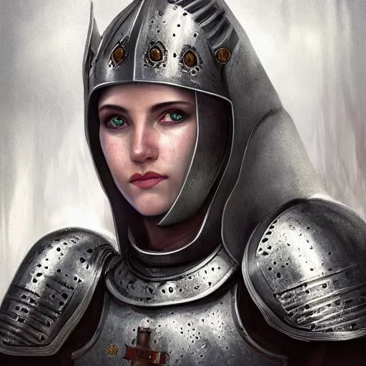 Prompt: head and shoulders portrait of a female knight, crusades, templar, joan of arc, d & d, high fantasy, by wlop, face detail, extremely detailed, digital illustration