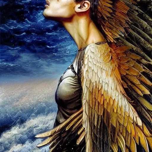 Prompt: beautiful painting by karol bak of a 1 4 year old boy with and enormous mechanical wing strapped to his back, standing on the back of a boat in a storm, his arms spread, face looking skyward, wearing nothing, ready to fly, icarus, winged boy, young teen, rain, clouds, waves, splash,