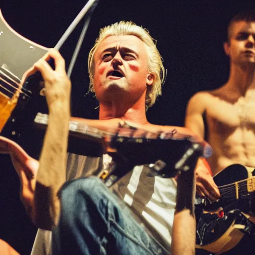 Prompt: shirtless geert wilders playing guitar on stage sweating looking angry