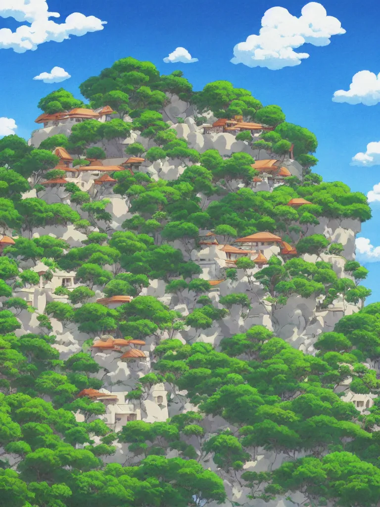 Prompt: studio ghibli background painting, kazuo oga, stucco house by the beach, blue sky with few clouds, details, hyper-detailed, HD, 4K, 8K