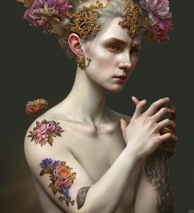 Image similar to baroque portrait of a icelandic princess of porceline skin, full body floral tattoos, cinematic lighting, photorealistic, octane render, 8 k, art by artgerm and greg rutkowski and alphonse mucha and uang guangjian