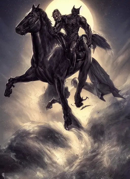 Prompt: chonky ethan van sciver with a bald head and grey trimmed beard with a pointy nose as the first horseman of the apocalypse riding a strong big black stallion, horse is up on its hind legs, beautiful artwork by artgerm and rutkowski, breathtaking, beautifully lit, dramatic, full view