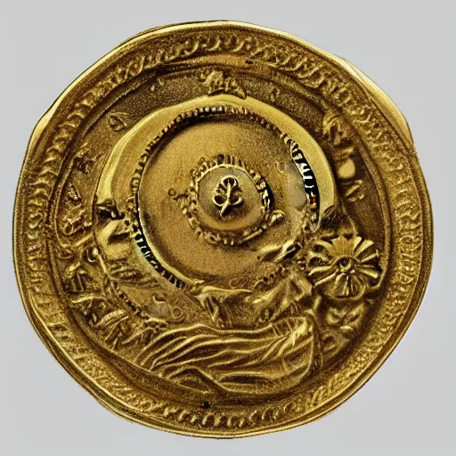 Image similar to a gold coin with a clock face printed on it, complex, high detail, close up