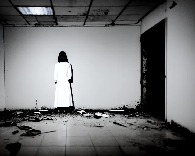 Image similar to creepy woman wearing white dress standing in the backrooms, psychological horror, the eerie forlorn atmosphere of a place that's usually bustling with people but is now abandoned and quiet, buzzing fluorescent lights above the ceiling, unsettling images, liminal space, dark