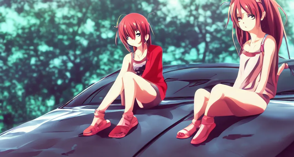 Image similar to An anime art modern girl sitting on hood subaru sportcar, digital art, 8k resolution, anime style, wide angle