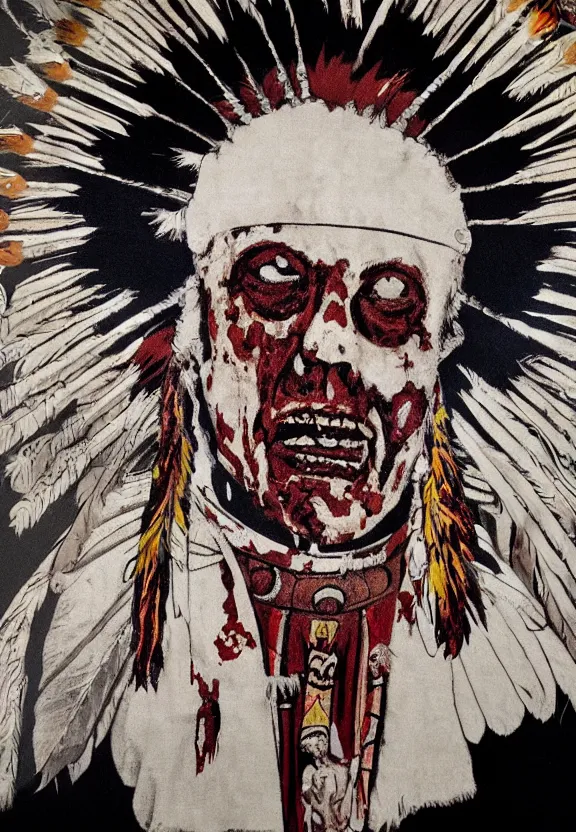 Prompt: close up portrait of zombie Pope Francis wearing a Native American Indian Feathered Headdress War Bonnet, dead redemption, by Kara Walker