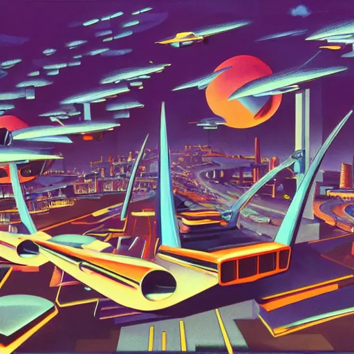 Image similar to flying cars, megacity, the jetsons. Painting by Wyndham Lewis. vaporwave, intricate, hyperrealistic, ultra fine detail, ultra high resolution, fine texture detail, cinematic, 8k, photorealistic, epic photo, trending on artstation