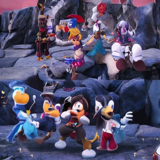 Image similar to screenshot of kingdom hearts 3, Disney and final fantasy crossover, donald duck and goofy npc characters, Kingdom hearts styled gameplay, unreal engine 4, kingdom hearts 3, kingdom hearts, godrays, realistic lighting, pirates of the carribean, rapunzel, cinderella, disneys frozen, toy story 2, monsters inc, First person shooter game hud