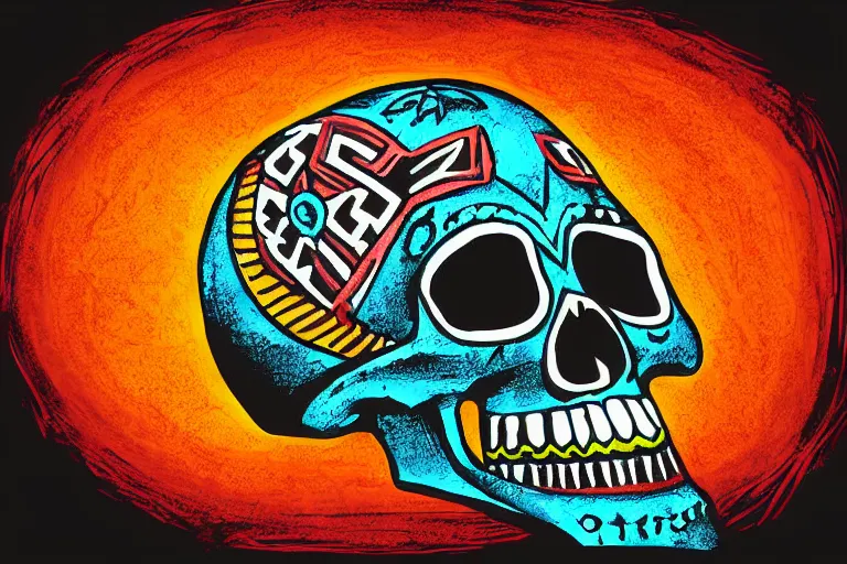 Image similar to aztec skull digitally painted by Tim Doyle