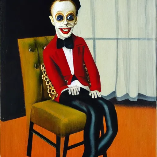 Image similar to oil painting of ventriloquist's dummy, sitting on chair with black leather seat, gold theater tragedy mask on floor, black curtains in background, by paula rego